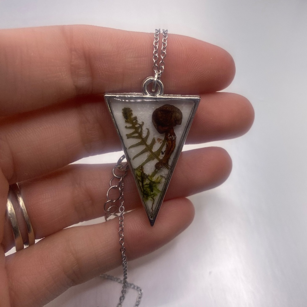 Triangular REAL Mushroom, fern, leaf Necklace, Epoxy Resin Pendant Handmade